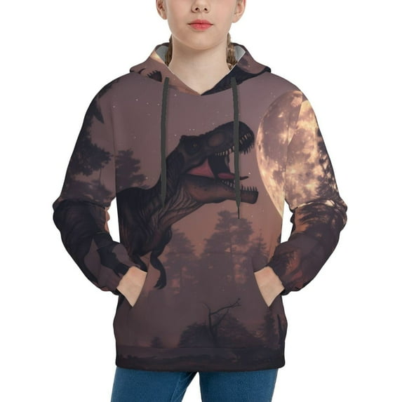 Fotbe Dinosaur Moonlit Forest Pattern Youth Pullover Hooded Sweatshirt, Boys Hoodie, Kangaroo Pocket Hoodie for Kids Girls -Medium