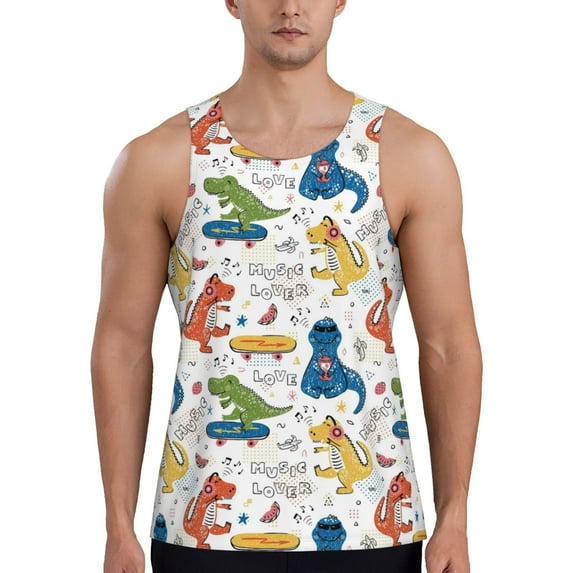 Fotbe Dinosaur Pattern Men's Quick Dry Workout Tank Top Gym Muscle Tee Fitness Bodybuilding Sleeveless T Shirt Breathable Workout Shirt-Large