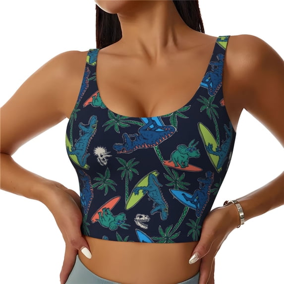 Fotbe Dinosaur Pattern Womens' Sports Bra Longline Wirefree Padded with Medium Support Sports Moisture-Wicking Workou Vest,Tank Top-Medium
