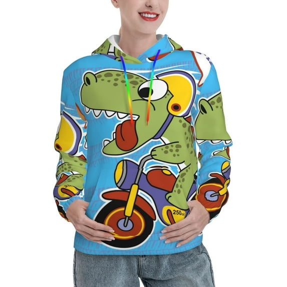 Fotbe Dinosaur Riding a Motorcycle Pattern Womens Long Sleeve Hoodie, Pullover Hooded Sweatshirt, Kangaroo Pocket Hoodie with Eye-catching Drawstrings-Large