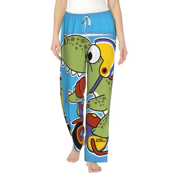 Fotbe Dinosaur Riding a Motorcycle Women's Pajama Pants,Sleepwear Pants,Pj Bottoms Drawstring And Pockets-Large