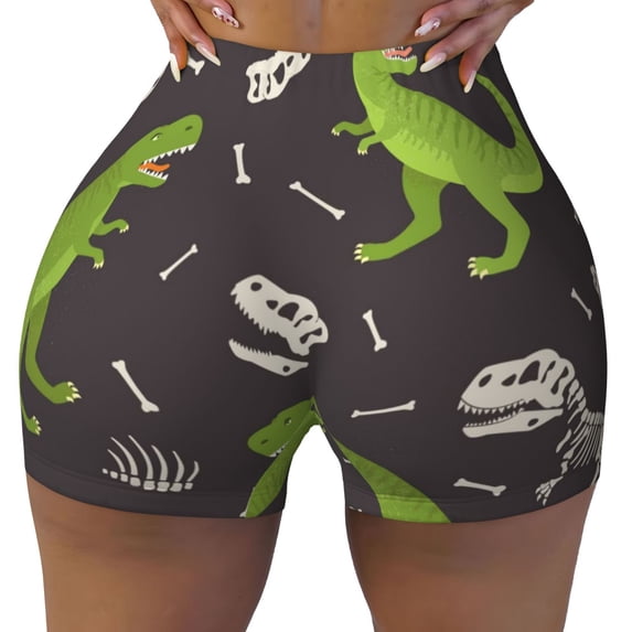 Fotbe Dinosaur Skeleton Seamless Shorts, Womens Workout Shorts High Waist Stretch Booty Short for Gym/Yoga/Running/Biking-Large