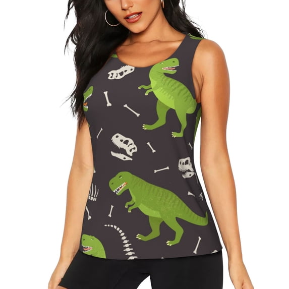 Fotbe Dinosaur Skeleton Womens Loose Fit Casual Flowy Slim-Fit Tank Tops Athletic Round Neck Trendy Sleeveless Summer Tops for Gym and Yoga-Large