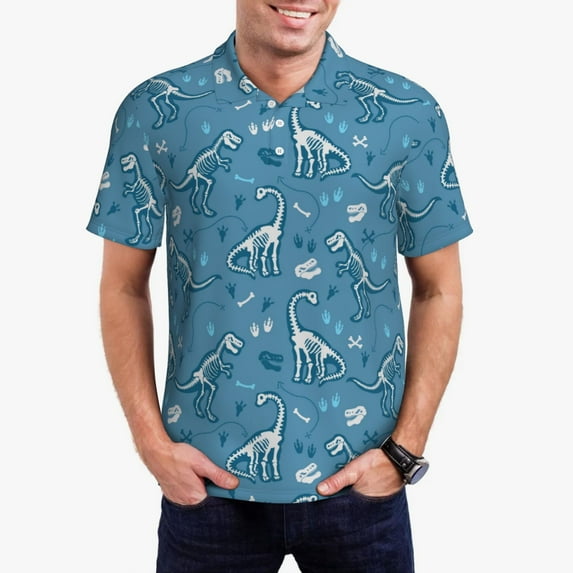 Fotbe Dinosaur Skull Pattern Men’s Golf Polo Shirt – Breathable Performance Golf Shirt with Button-Down Collar-3X-Large