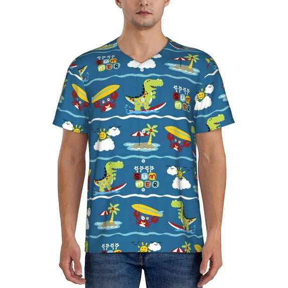 Fotbe Dinosaur on the Beach Vacation Baseball Jersey Shirt for Men and Women, Casual Short Sleeves Button Down T-Shirt-4X-Large