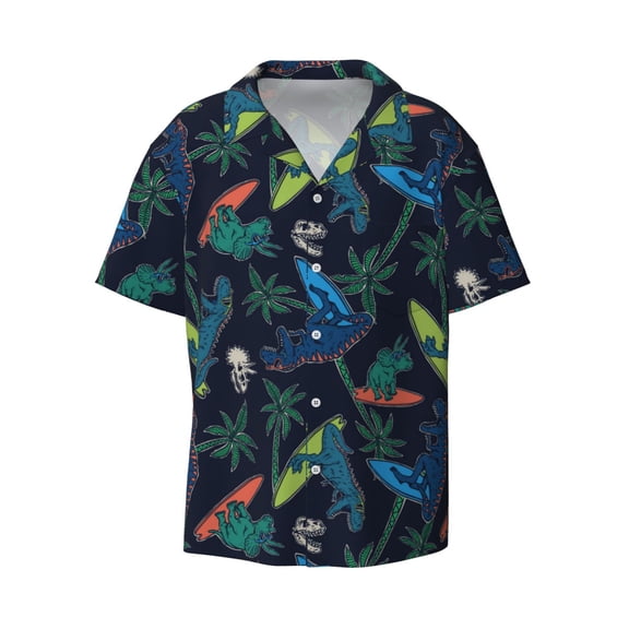 Fotbe Dinosaur print Short Sleeve Button Down Shirts for Men Casual Summer Beach Wrinkle Free Shirt-Medium