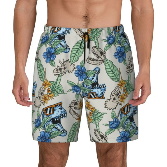 Fotbe Dinosaurs And Leaves Men’s Swim Trunks Quick Dry Swim Shorts Board Shorts with Mesh Lining-X-Large