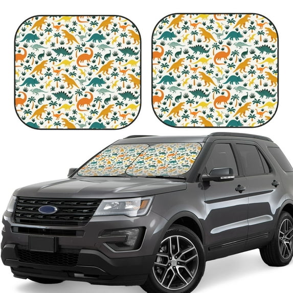 Fotbe Dinosaurs and Tropical Leaves 2-Piece Car Windshield Sun Shade | Sun Blocker for Car Windshield | Foldable Automotive Interior Accessories for Sun Protection-Medium