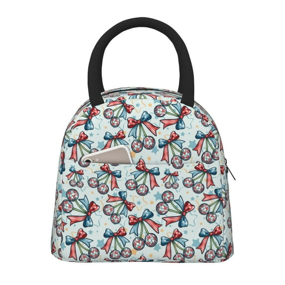 Fotbe Disco Ball Cherry With Bow Pattern Lunch Bag, Insulated Lunch Box, Small Leakproof Cooler Food Lunch Containers Reusable High Capacity Lunch Tote Bags for Work, Travel, Outdoor