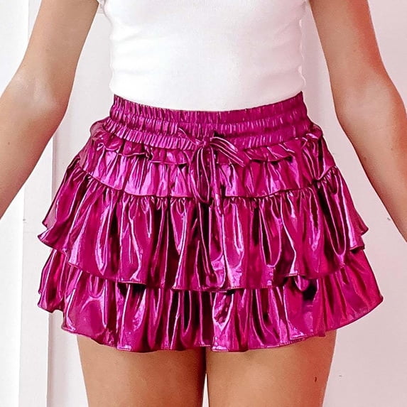 Womens Metallic Skirt Shiny Flared Pleated Skirt Layered Ruffle Hem Mini Skirt Rave Skirt Wrap around Skirts for Women Twin Bed Skirt Suede Skirt Smocked Skirt Swing Skirt Hoop Skirts for Girls plus
