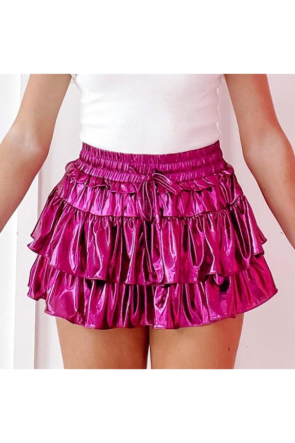 Womens Metallic Skirt Shiny Flared Pleated Skirt Layered Ruffle Hem Mini Skirt Rave Skirt Wrap around Skirts for Women Twin Bed Skirt Suede Skirt Smocked Skirt Swing Skirt Hoop Skirts for Girls plus