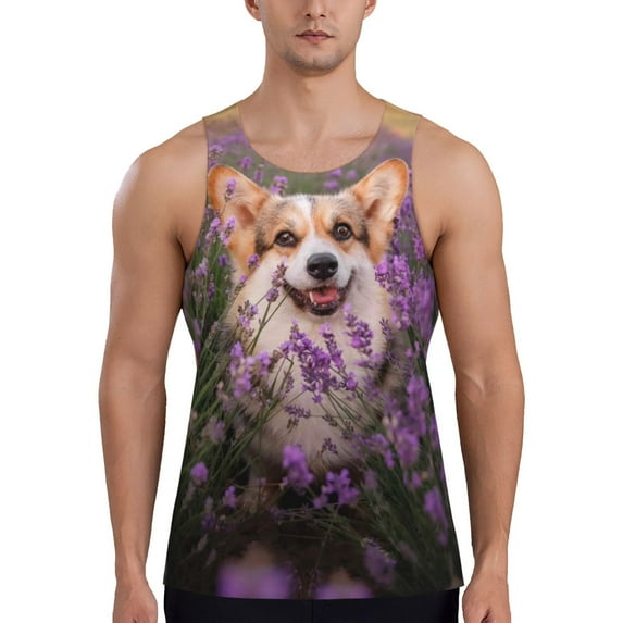 Fotbe Dog in Lavender Flowers Pattern Men's Quick Dry Workout Tank Top Gym Muscle Tee Fitness Bodybuilding Sleeveless T Shirt Breathable Workout Shirt-XX-Large