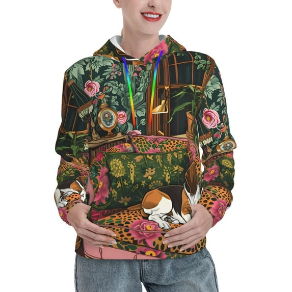 Fotbe Dog On Floral Couch Pattern Womens Long Sleeve Hoodie, Pullover Hooded Sweatshirt, Kangaroo Pocket Hoodie with Eye-catching Drawstrings-X-Large