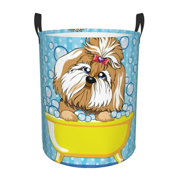Fotbe Dog Takes a Bath in the Bathtub Laundry Basket with Handles, Waterproof Large Laundry Hamper, Wash Bag for Corner Dorm, Rolling Laundry Basket with Handles-Small