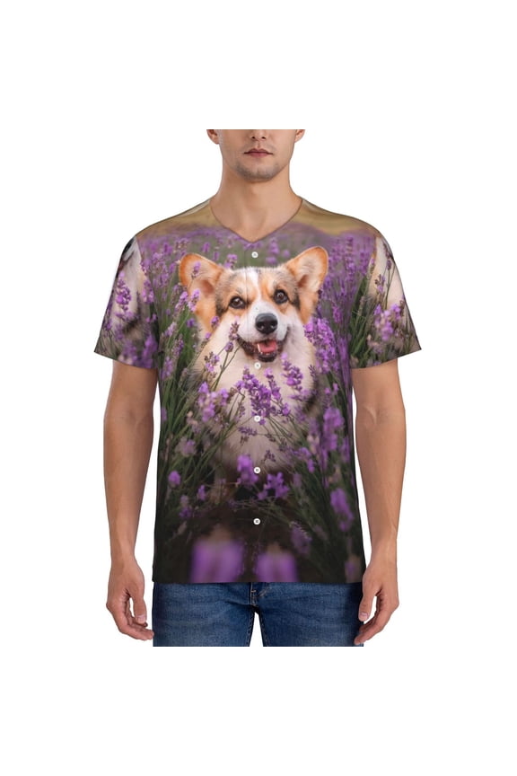 Dog in Lavender Flowers Baseball Jersey Shirt for Men and Women, Casual Short Sleeves Button Down T-Shirt-Small