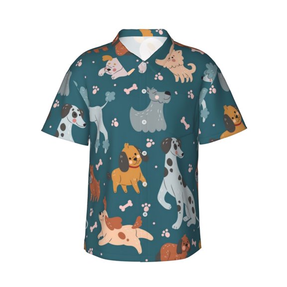Fotbe Dogs Hawaiian Shirt for Men Unisex Summer Beach Casual Short Sleeve Cotton Linen Button Down Shirts-3X-Large