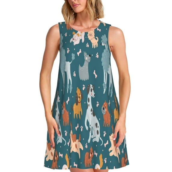 Fotbe Dogs Pattern Women’s Summer Tank Midi Dress – Sleeveless A-Line Dress, Floral T-Shirt Dress, Casual Flowing Beach Sundress