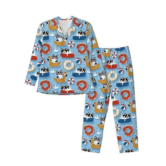 Fotbe Dogs With Pool Floats Pattern Long Sleeve Pajama Set for Men,Sleepwear Set,2-piece Loungewear Set,Soft PJs Comfy Nightwear with Pockets-Medium