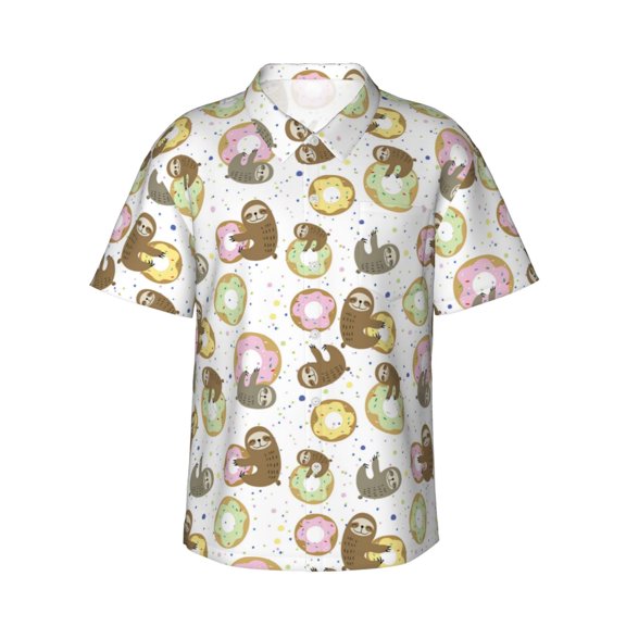 Fotbe Donut Sloth Hawaiian Shirt for Men Unisex Summer Beach Casual Short Sleeve Cotton Linen Button Down Shirts-3X-Large