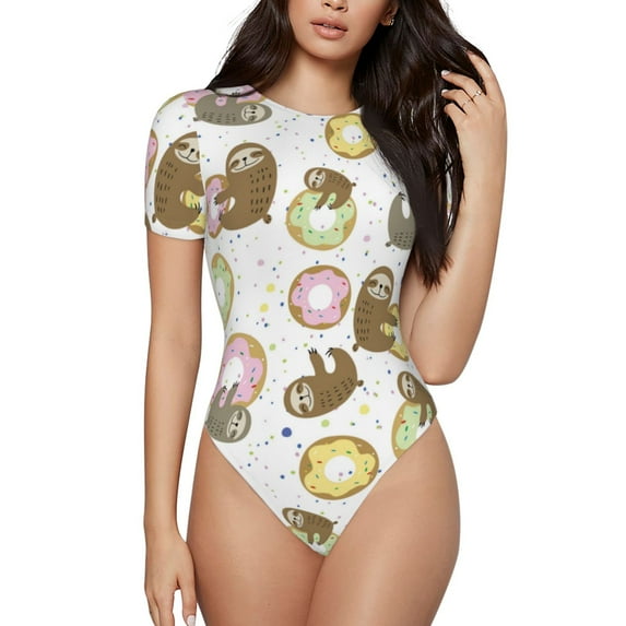 Fotbe Donut Sloth Women's Crew Neck Short Sleeves Bodysuit Tops Round Neck Slim Sleeveless Soft Comfortable Basic-Large