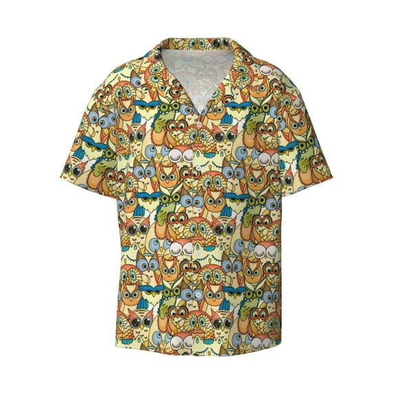 Fotbe Doodle Owls print Short Sleeve Button Down Shirts for Men Casual Summer Beach Wrinkle Free Shirt-X-Large