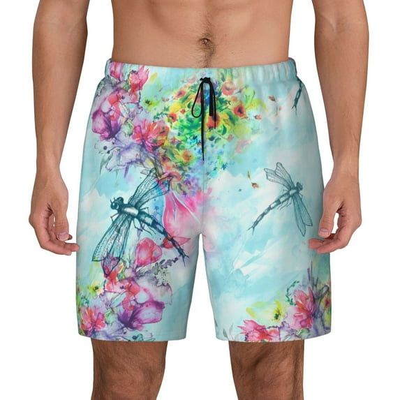 Fotbe Dragonfly Floral Men’s Swim Trunks Quick Dry Swim Shorts Board Shorts with Mesh Lining-X-Large
