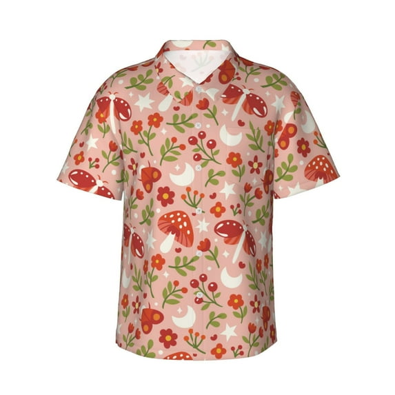 Fotbe Dragonfly Mushroom Hawaiian Shirt for Men Unisex Summer Beach Casual Short Sleeve Cotton Linen Button Down Shirts-X-Large