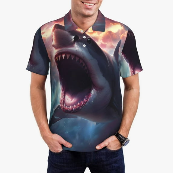 Fotbe Dramatic Shark Attack Pattern Men’s Golf Polo Shirt – Breathable Performance Golf Shirt with Button-Down Collar-3X-Large