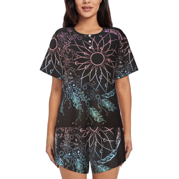 Fotbe Dreamcatcher Print Pajama Set for Women 2 Piece Loungewear Short Sleeve Tops and Shorts Set Soft Sleepwear-Medium