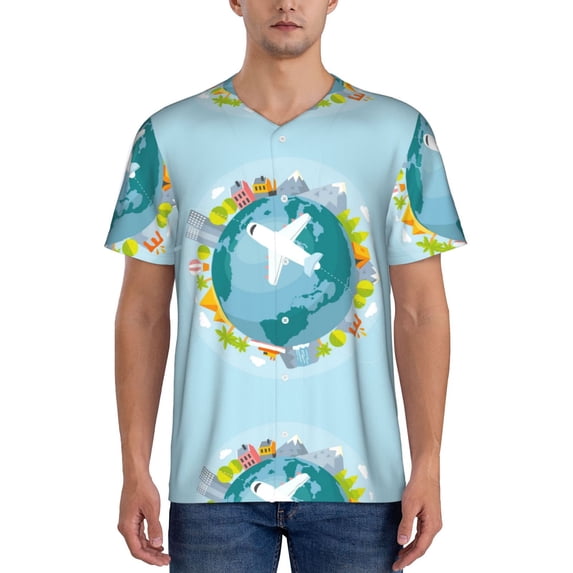 Fotbe Dreaming Travel Baseball Jersey Shirt for Men and Women, Casual Short Sleeves Button Down T-Shirt-X-Large