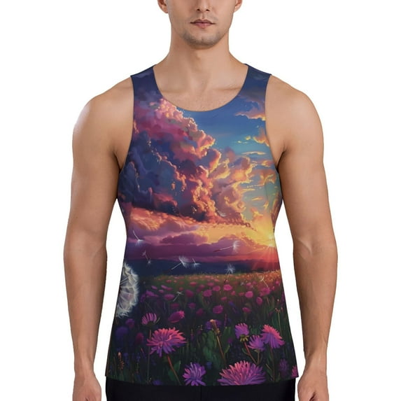 Fotbe Dreamy Dandelion Sunset Pattern Men's Quick Dry Workout Tank Top Gym Muscle Tee Fitness Bodybuilding Sleeveless T Shirt Breathable Workout Shirt-XX-Large