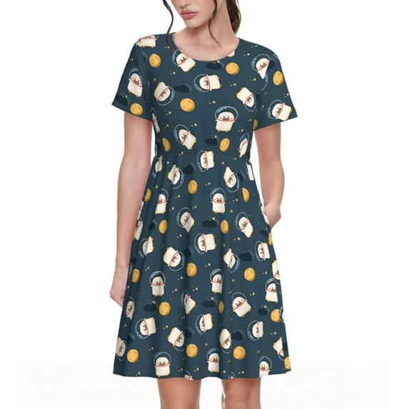 Fotbe Duck In The Space Pattern Dress Casual Womens Fashion Short Sleeve Maxi Dress T Shirt Dress Striped Long Color Block Maxi Dress