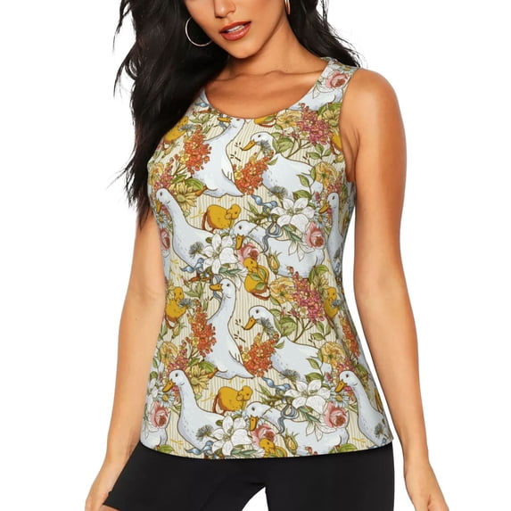 Fotbe Ducks and Flowers Womens Loose Fit Casual Flowy Slim-Fit Tank Tops Athletic Round Neck Trendy Sleeveless Summer Tops for Gym and Yoga-Medium
