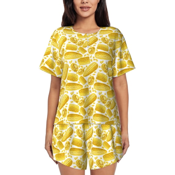 Fotbe Ears Of Corn Print Pajama Set for Women 2 Piece Loungewear Short Sleeve Tops and Shorts Set Soft Sleepwear-Medium