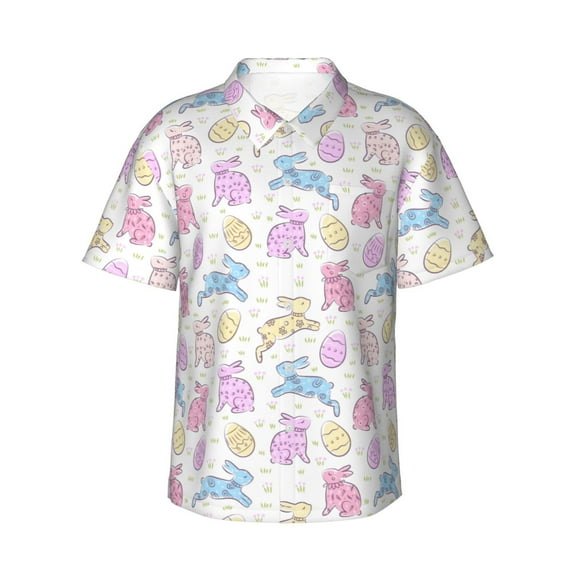 Fotbe Easter Colorful Rabbit Hawaiian Shirt for Men Unisex Summer Beach Casual Short Sleeve Cotton Linen Button Down Shirts-3X-Large