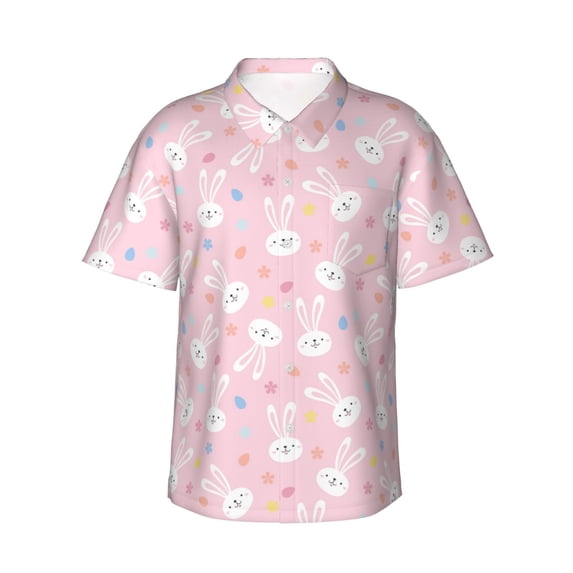 Fotbe Easter Cute Rabbit Hawaiian Shirt for Men Unisex Summer Beach Casual Short Sleeve Cotton Linen Button Down Shirts-3X-Large