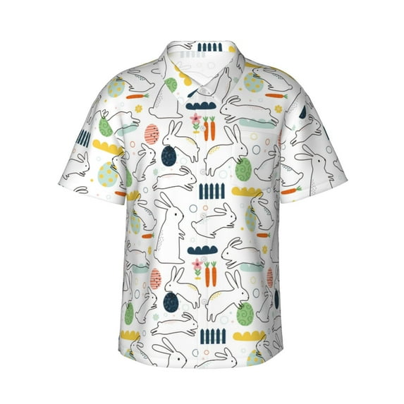 Fotbe Easter Rabbit Hawaiian Shirt for Men Unisex Summer Beach Casual Short Sleeve Cotton Linen Button Down Shirts-Large