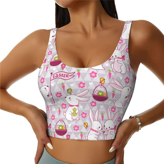 Fotbe Easter Rabbit Pattern Womens' Sports Bra Longline Wirefree Padded with Medium Support Sports Moisture-Wicking Workou Vest,Tank Top-Large
