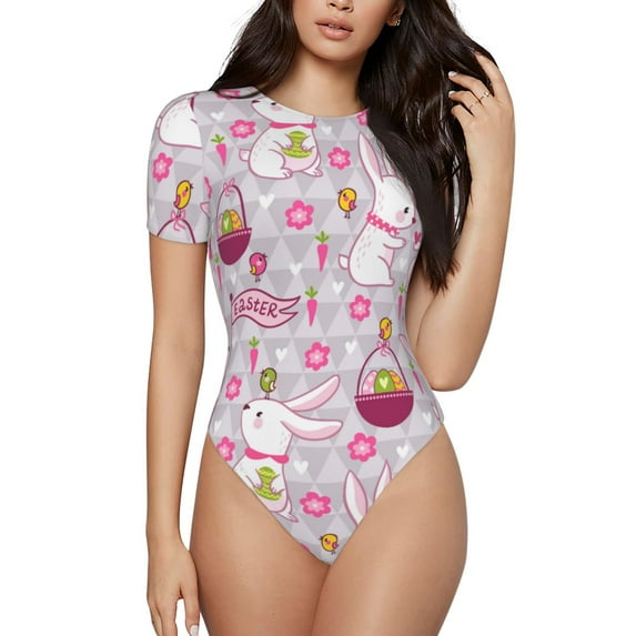 Fotbe Easter Rabbit Women's Crew Neck Short Sleeves Bodysuit Tops Round Neck Slim Sleeveless Soft Comfortable Basic-Large