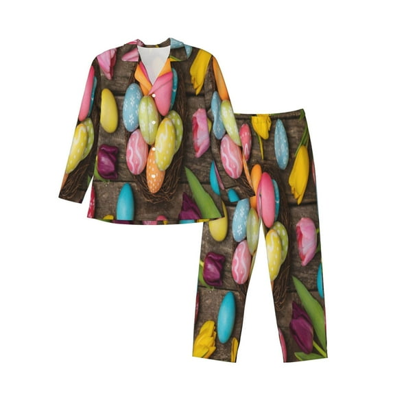 Fotbe Easter eggs Pattern Long Sleeve Pajama Set for Men,Sleepwear Set,2-piece Loungewear Set,Soft PJs Comfy Nightwear with Pockets-Small