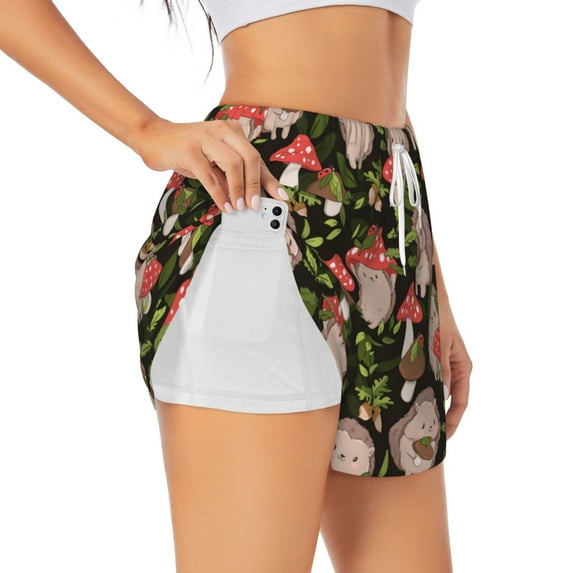 Fotbe Edgehog and Mushrooms Womens High Waist Running Shorts Athletic Workout Quick Dry Shorts for Women with Pockets Gym Yoga Summer Shorts-X-Large
