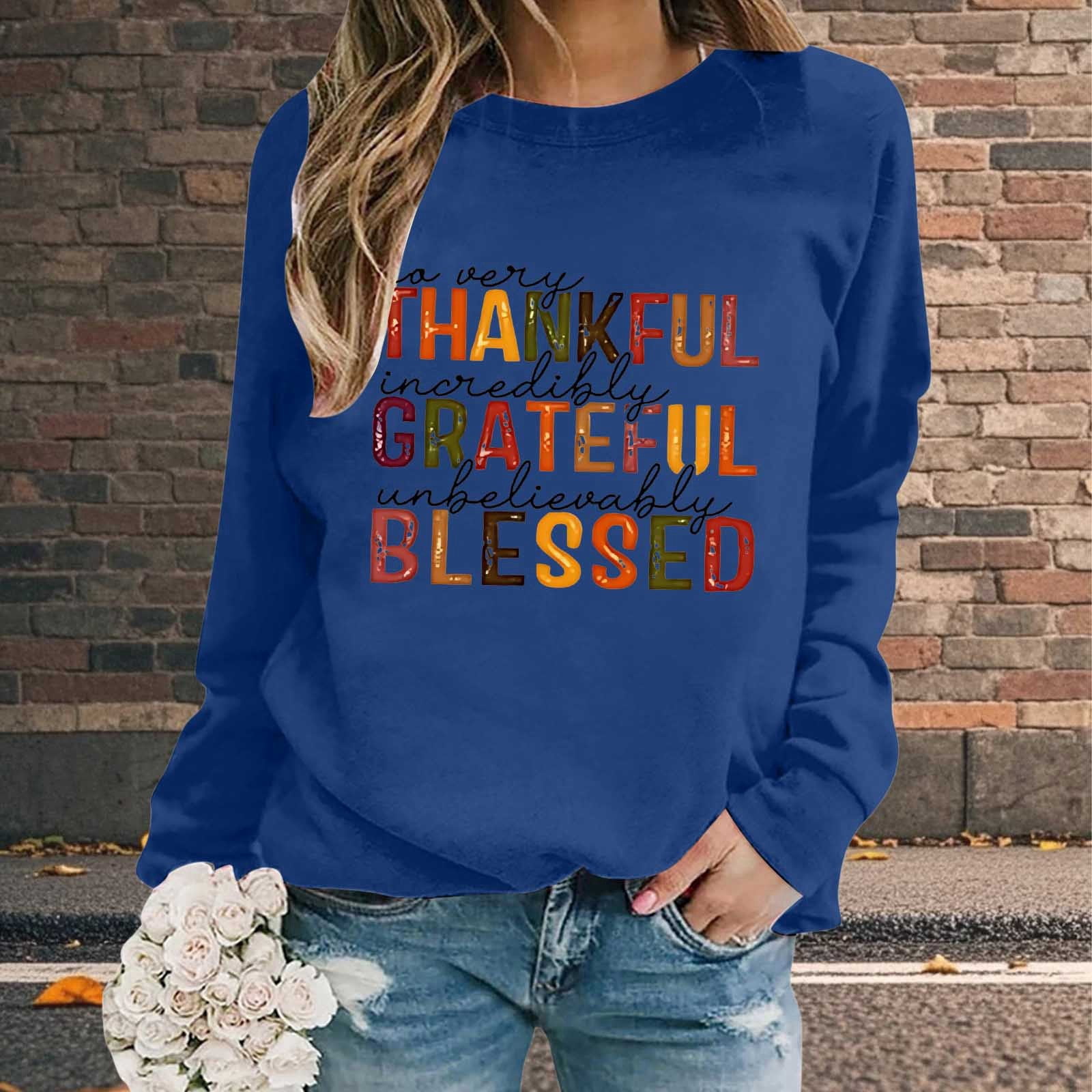 Thanksgiving Oversize Women Long Sleeve Crewneck Sweatshirts Letter Printed Lightweight Loose Sweatshirts Blouse Top Mens Long Sleeve Shirt Zip Hoodie Pocket Women Knit Sweater Pants Set Front Zip