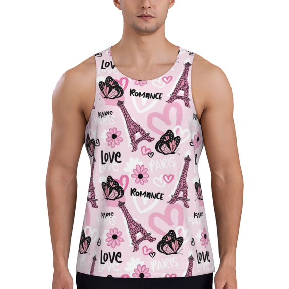 Fotbe Eiffel Tower and Butterflies Pattern Men's Quick Dry Workout Tank Top Gym Muscle Tee Fitness Bodybuilding Sleeveless T Shirt Breathable Workout Shirt-3X-Large