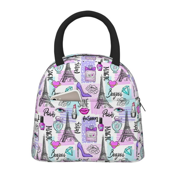 Fotbe Eiffel Tower and Hearts Pattern Lunch Bag, Insulated Lunch Box, Small Leakproof Cooler Food Lunch Containers Reusable High Capacity Lunch Tote Bags for Work, Travel, Outdoor