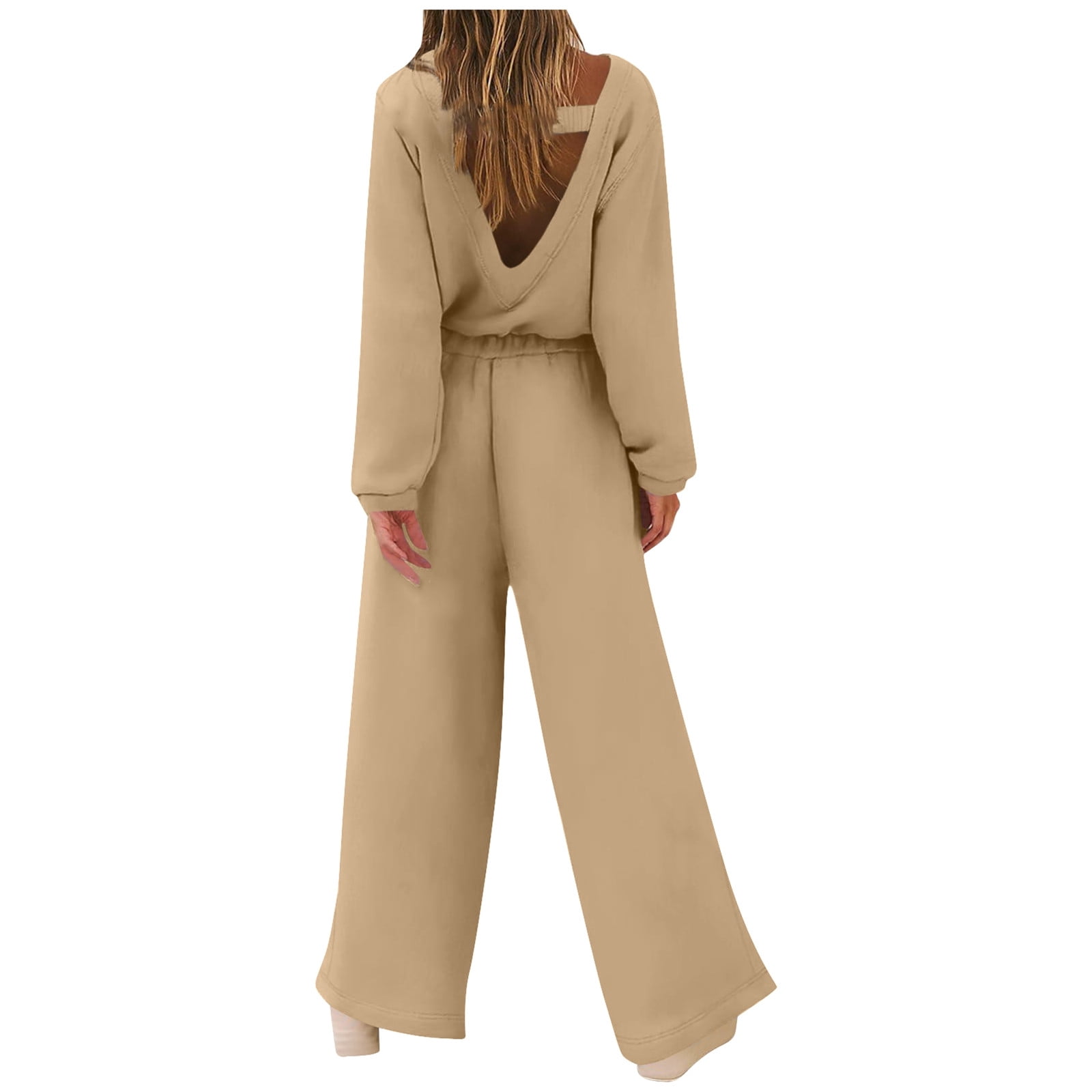 Women's Fashion Sporty Long Sleeve Solid Color Backless Jumpsuit Set Womens Jumpsuits And Rompers Dressy Formal Pant Suits for Women Evening Wear Rompers for Women Summer Woman Romper & Jumpsuit plus