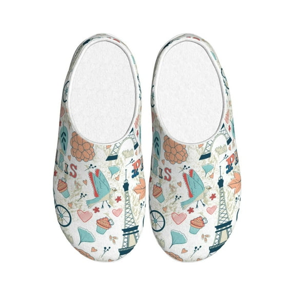 Fotbe Eiffel Tower Pattern Women's Fuzzy Curly Fur Memory Foam Loafer Slippers Indoor Outdoor Slippers Winter Home Shoes-39/40
