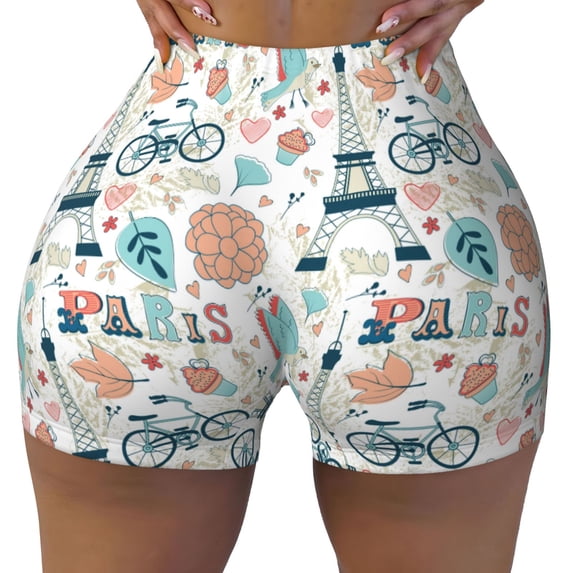 Fotbe Eiffel Tower Seamless Shorts, Womens Workout Shorts High Waist Stretch Booty Short for Gym/Yoga/Running/Biking-Large