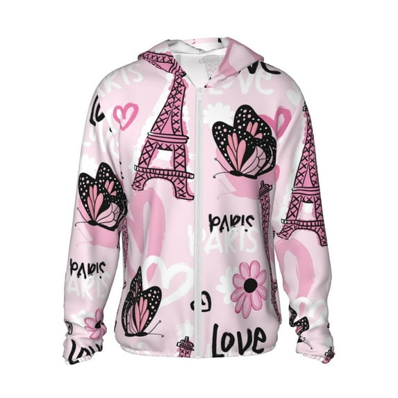 Fotbe Eiffel Tower and Butterflies Men's Women's UPF 50+ Sun Protection Jacket Hooded Cooling Shirt with Pockets Hiking Outdoor Performance-Large
