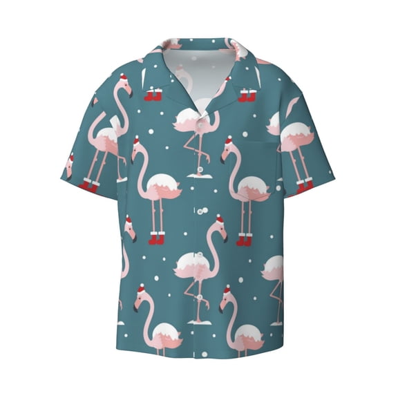 Fotbe Elegant Flamingo print Short Sleeve Button Down Shirts for Men Casual Summer Beach Wrinkle Free Shirt-Large