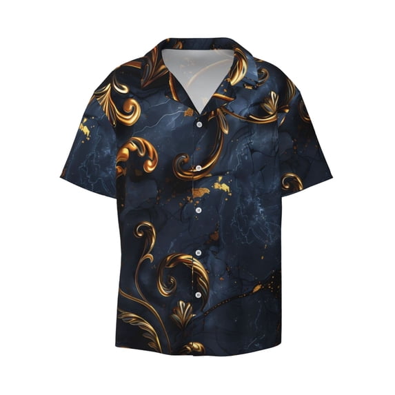 Fotbe Elegant Gold Scrollwork print Short Sleeve Button Down Shirts for Men Casual Summer Beach Wrinkle Free Shirt-3X-Large